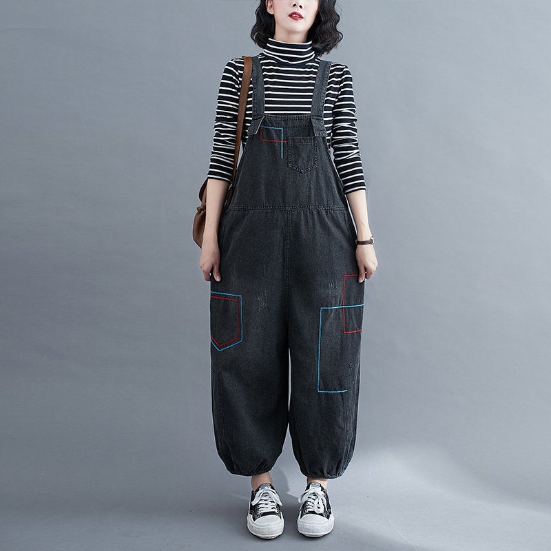 Woman Loose Jeans Jumpsuits Casual Pants Overalls Pants Strappy Jeans Vintage Embroidered Pants Embroidered Jeans