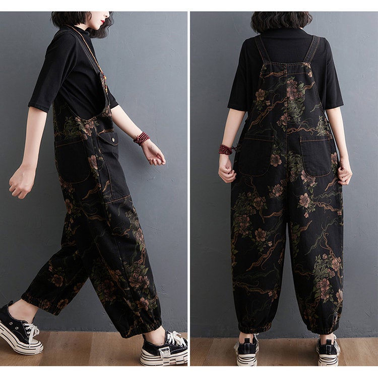 Printed Jeans Overalls Woman Oversize Pants Baggy Jeans, Women Overalls With Pockets, Loose Streetwear Jumpsuit, Denim Wide Leg Jumpsuit