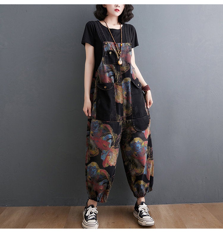 Printed Jeans Overalls Women Fashion Loose Jumpsuits Denim Overalls Pants Printed Floral Cotton Jumpsuits Casual Pants Loose Long Jeans