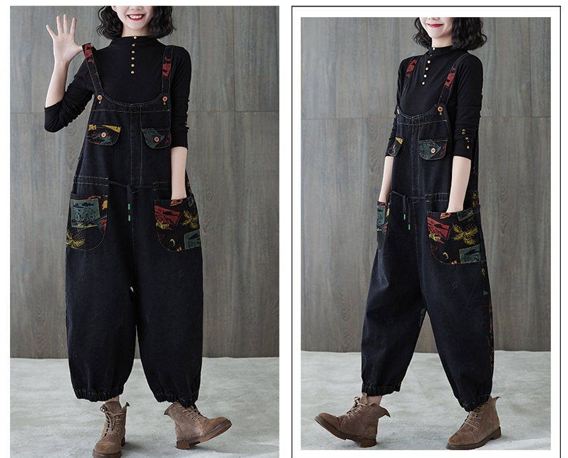 Loose Strappy Jeans Bib Loose Overalls Wide Streetwear Leg Jumpsuit, Casual Jeans Pants Wide Leg Cropped Pants Retro Casual Overalls