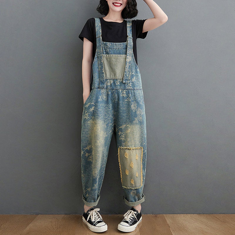 Patchwork Jeans Printed Jeans Overalls Oversize Baggy Ladies, Women Overalls With Pockets Ripped Jeans Jumpsuit Denim Wide Leg Jumpsuit