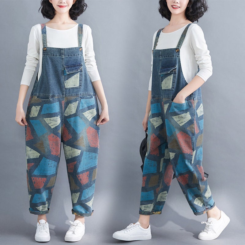 Patchwork Jeans Camouflage Overalls, Wide Streetwear Leg Jumpsuit, Casual Jeans Pants, Oversize Baggy Ladies Pant, Bib Loose Overalls