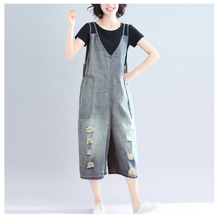 Woman Fashion Loose Ripped Jeans Retro Casual Overalls Wide Streetwear Leg Jumpsuit Oversized Baggy Ladies Pants Wide Leg Cropped Pants