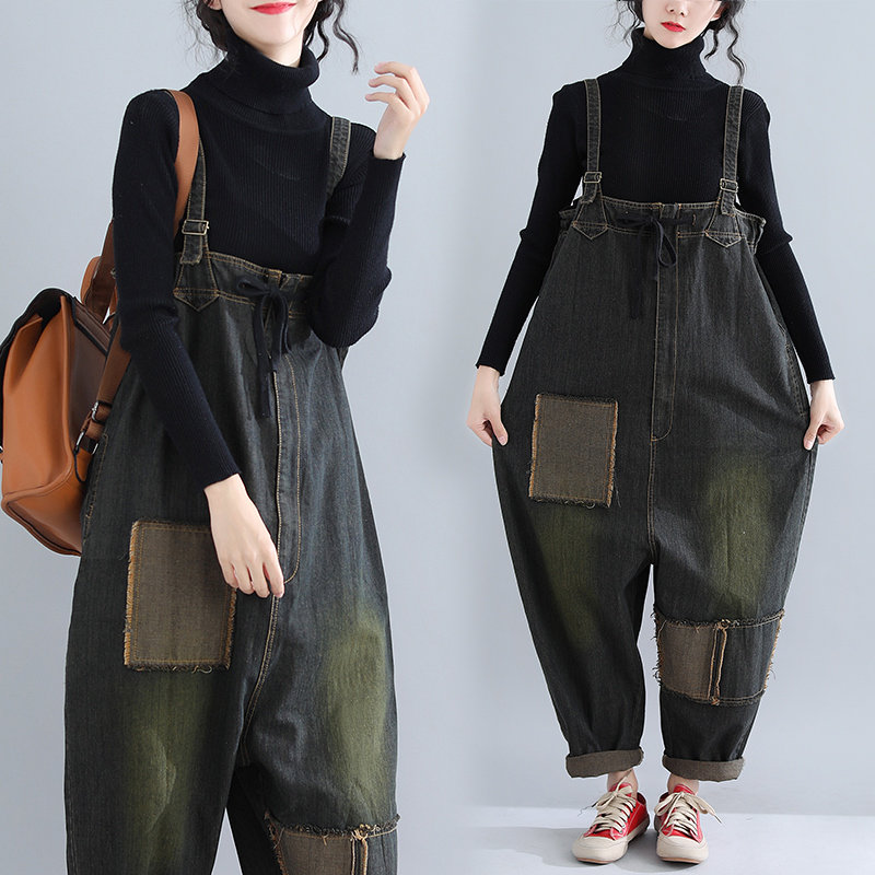 Woman Loose Jeans Fashion Patchwork Jeans Wide Streetwear Leg Jumpsuit, Casual Jeans Pants, Oversized Baggy Ladies Pant, Bib Loose Overalls