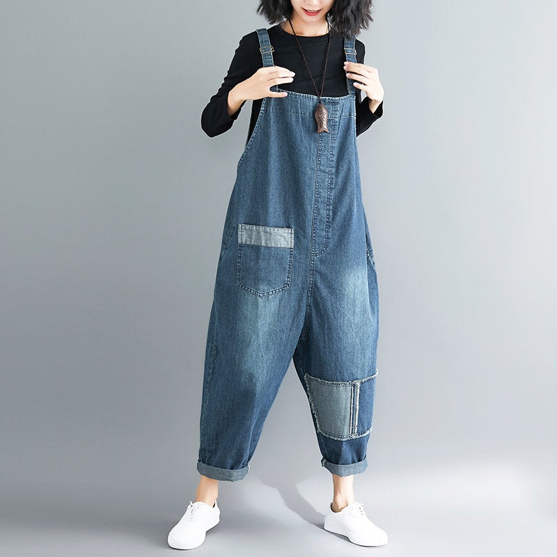 Woman Fashion Casual Overalls, Wide Streetwear Leg Jumpsuit, Oversized Baggy Ladies Pants, Patchwork Jeans Loose Jeans Loose Pants