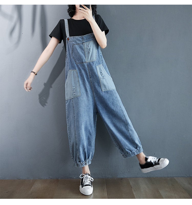 Woman Loose Jeans Pants Casual Pants Overalls Pants Strappy Jeans Oversize Pants Patchwork Jeans Patchwork Pants Fashion Casual Jeans
