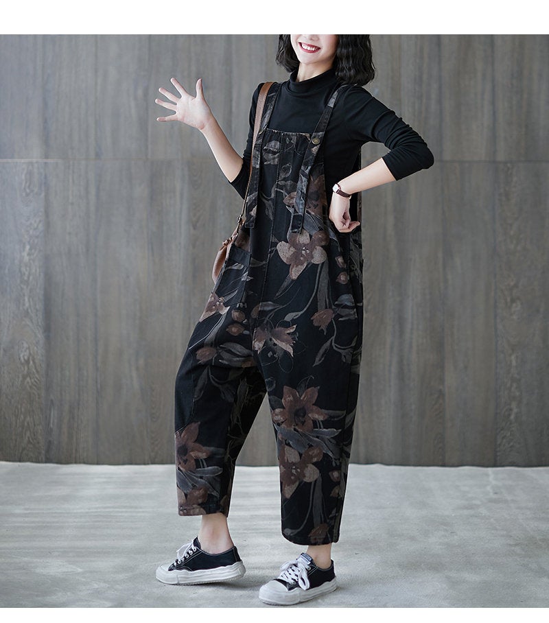 Woman Printed Jeans Overalls, Oversized Baggy Ladies, Women Overalls With Pockets, Loose Streetwear Jumpsuit, Denim Wide Leg Jumpsuit