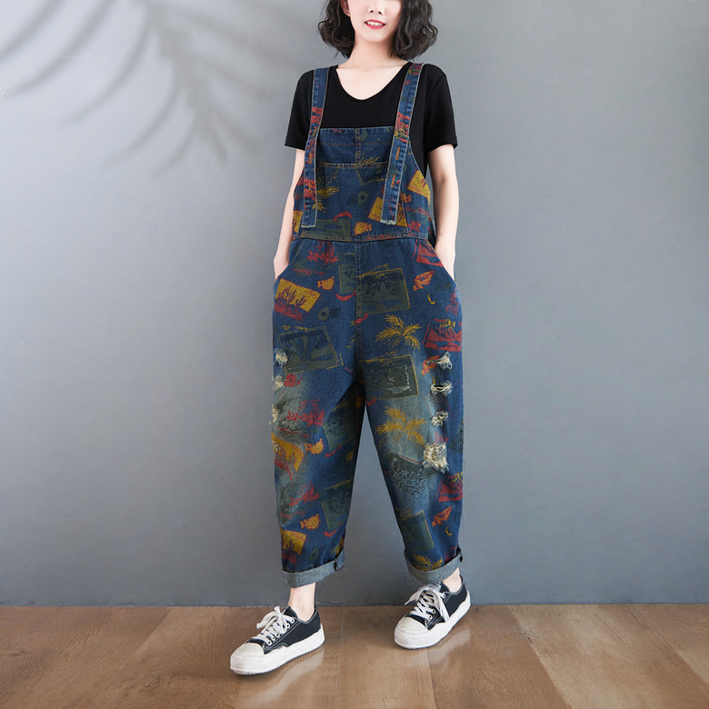 Women Fashion Loose Jumpsuits Denim Overalls Pants Ripped Jeans Printed Floral Cotton Jumpsuits Casual Pants Loose Long Jeans