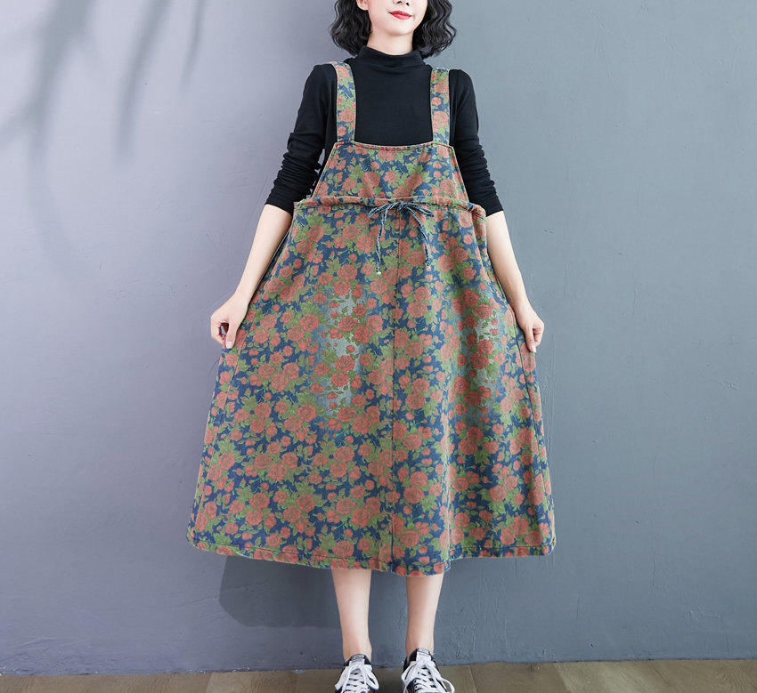 Woman Fashion Demin Dress Suspender Skirt Suspender Dress Printed Loose Dress Braces Skirt