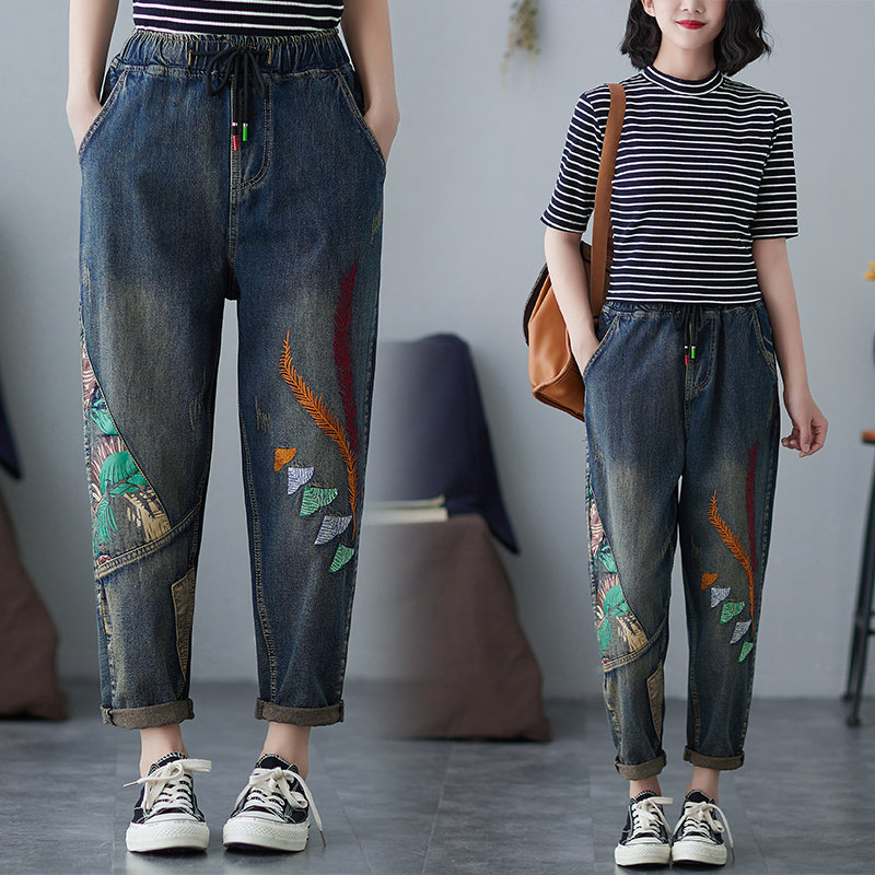 Woman Loose Jeans Pants Casual Pants Overalls Pants Patchwork Jeans Embroidered Pants Fashion Casual Jeans