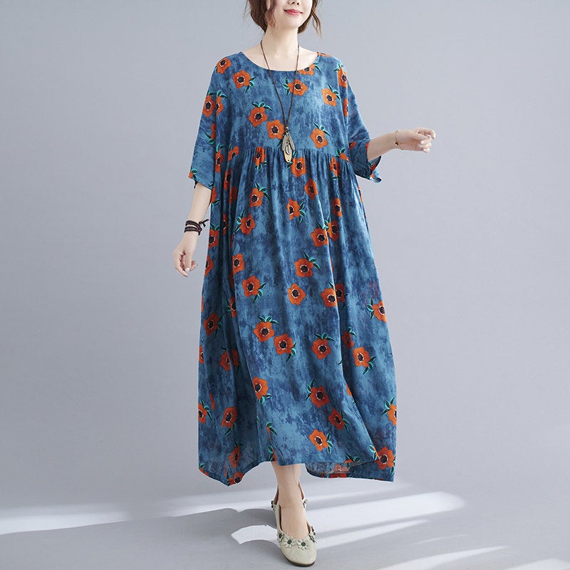 Woman Plus Size Loose Dresses Summer Dress Round Neck Dress Oversize Dress With Pockets