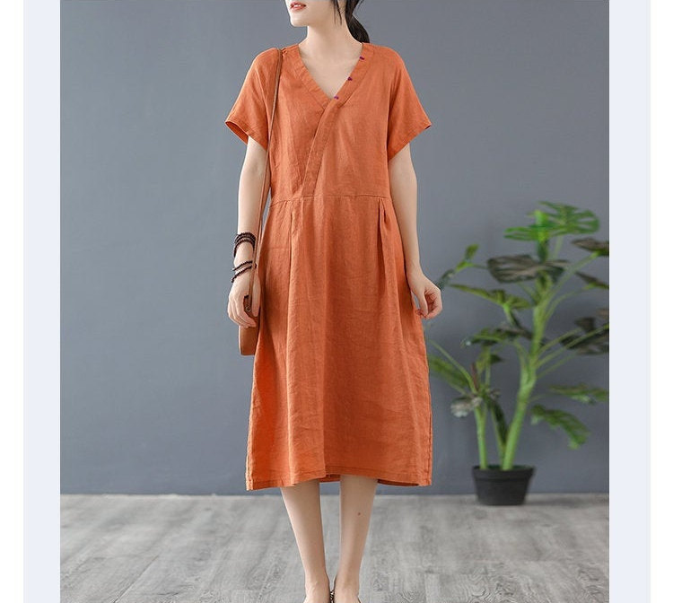 100% Linen Dress Summer Dress V-neck Dress Woman Linen Dresses Loose Dress