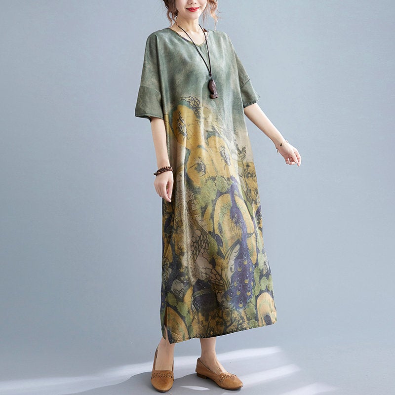 Woman Loose Dress Oversize Dresses Peacock Printed Dresses Fashion Long Dress With Pockets