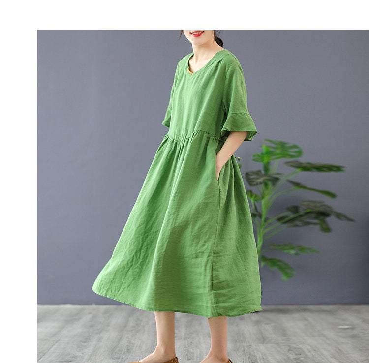 Green Color Dress 100% Ramie Dresses Summer Dress Woman Ramie Dress Fashion Summer Dresses