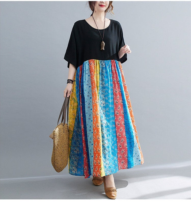 Woman Oversize Loose Dresses Summer Dress Round Neck Dress 2 Colors With Pockets