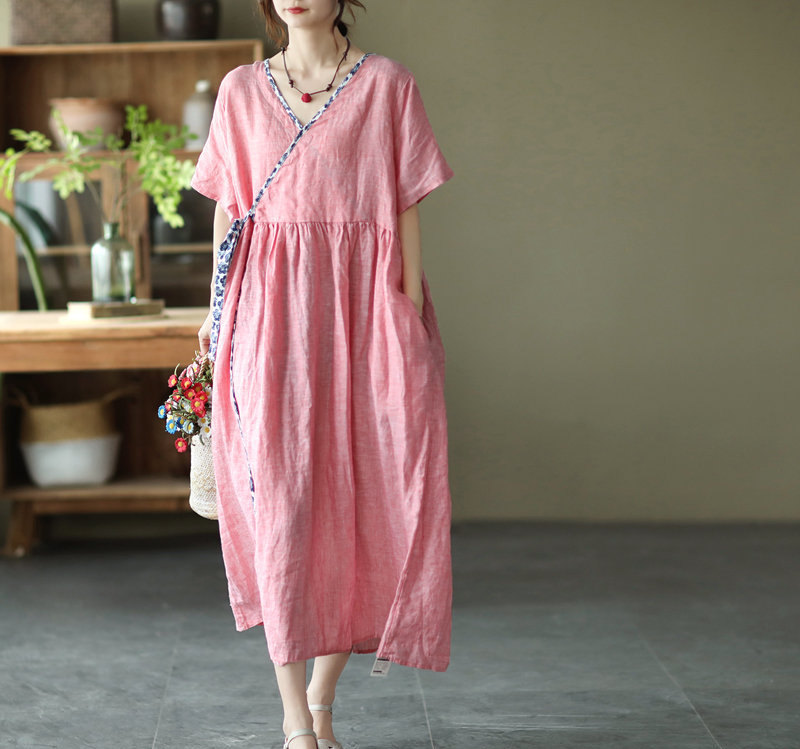 100% Linen Dresses Loose Dresses Short-sleeved Dress Soft Fashion Linen Dress With Pockets
