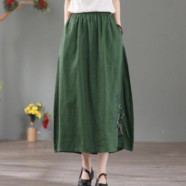 Women Summer Linen Cotton Vintage Women Long Elastic Waist Pleated Maxi Skirts